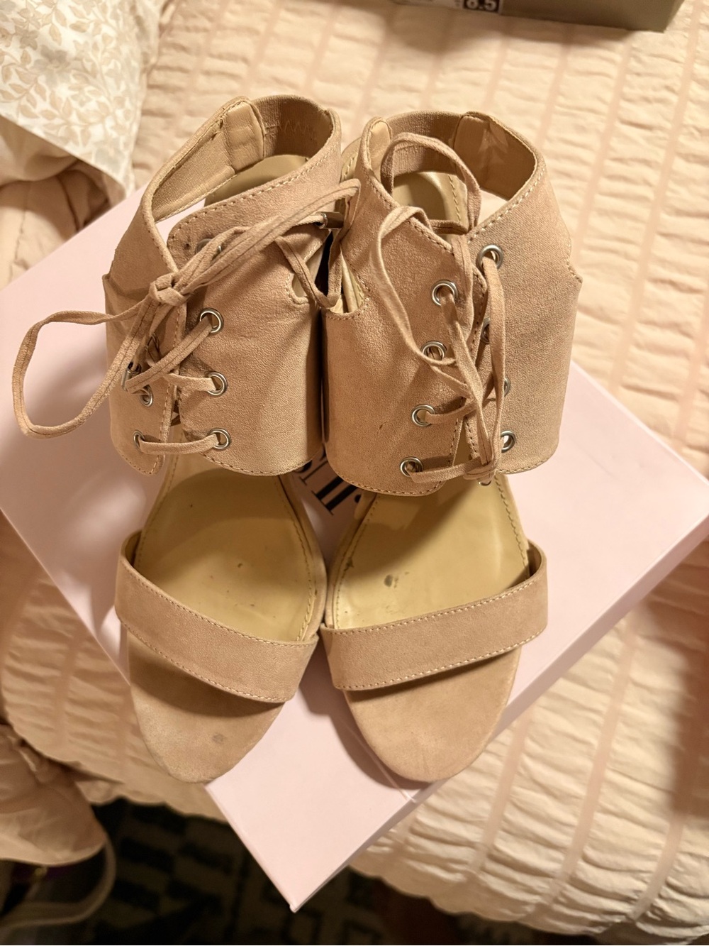 JustFab Lace-Up Ankle Cuff Sandals in Beige